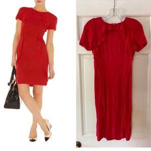 Karen Millen Jersey Ruffle Dress Red Sheath Short Sleeve Back Zip US Size 6